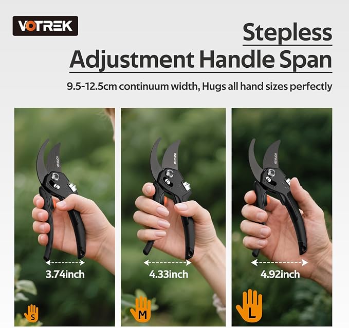 VOTREK® Pruning Shears, Patented Stepless Handle Opening for Any Hands