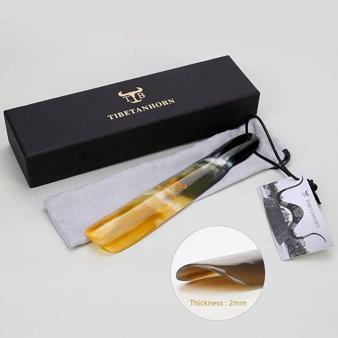 Shoe Horn, Hand Crafted Natural Tibetan Yak Horn Shoe Horns for Men Women Kids, Boots & All Shoes, Portable Travel Size with Gift Box(8.7" to 9.4")