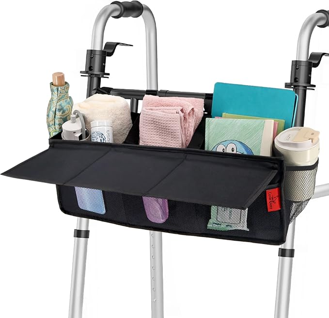 Extra Large Bariatric Walker Basket for 21"-26" Width Folding Walker/Rollator, Extra Wide Walker Storage Baskets with Cup Holder, Lid & Multiple Pocket, Easy to Use Walker Tote Bag for Seniors, Black.