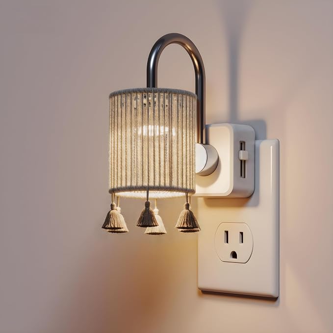 L LOHAS LED Night Lights Plug into Wall, Boho Fabric Cylinder Night Light | Decor Nightlight with Tassel,Dusk to Dawn Sensor,0-100LM Dimmable Vintage Night Lights for Bedroom,Living Room,Hallway