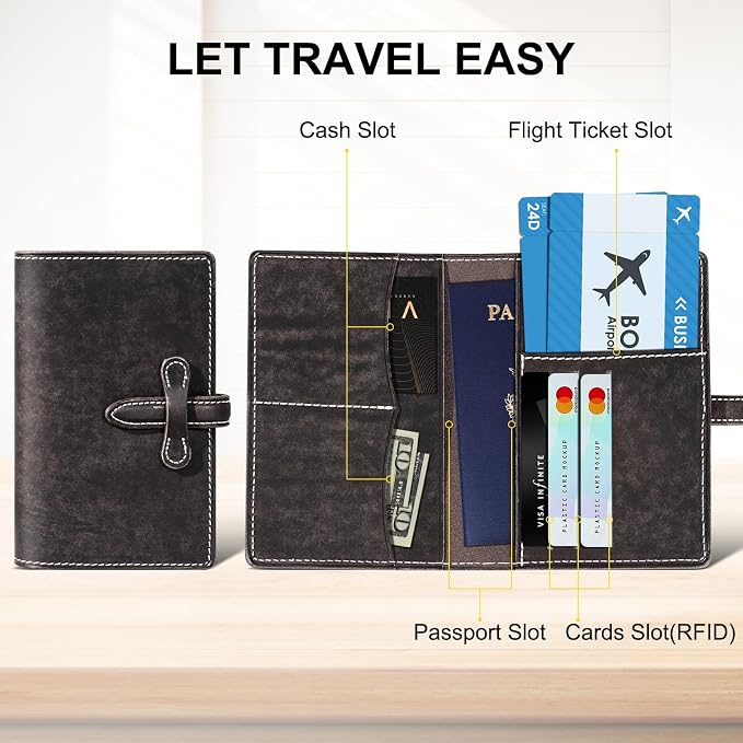 Leather Passport Holder for Travel,Passport Wallet,Dark Gray | RFID Blocking Card Slot,Top-Grain leather with Magic Buckle,Boarding Pass Pocket,Retro Style,Slim and Light-weight