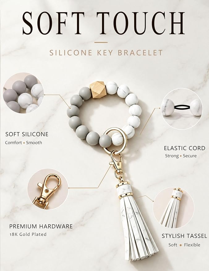 BAOSIWA Silicone Beaded Bracelet Keychain Wristlet Key Ring Bangle Chains for Women with Leather Tassel