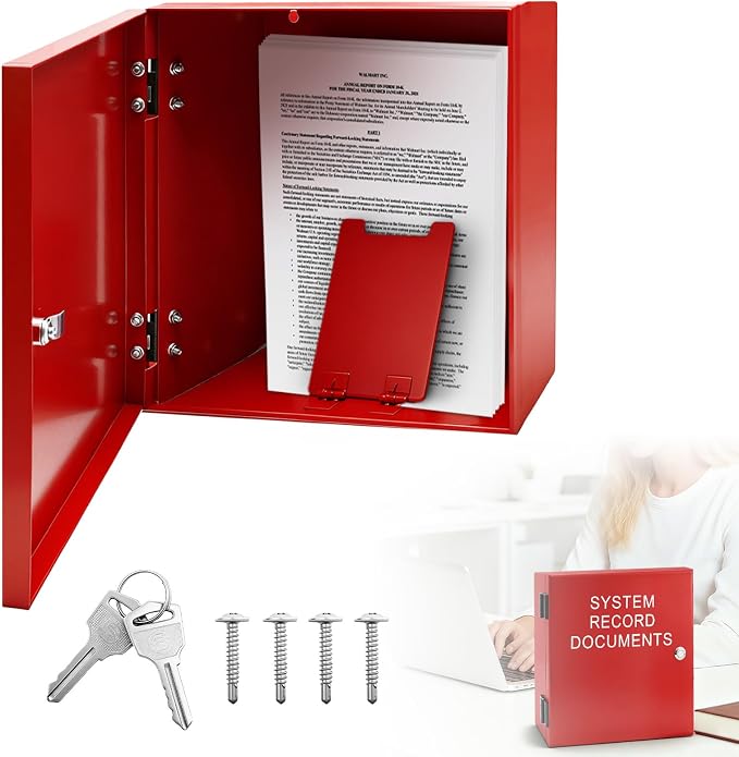 System Record Documents Enclosure, 13.8 X 13.8 Inch Fire Box for Documents, System File Cabinet Locking Document Storage for Office Home with Adjustable Spring Bookends, Red
