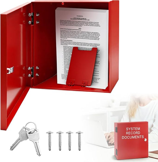 System Record Documents Enclosure, 13.8 X 13.8 Inch Fire Box for Documents, System File Cabinet Locking Document Storage for Office Home with Adjustable Spring Bookends, Red