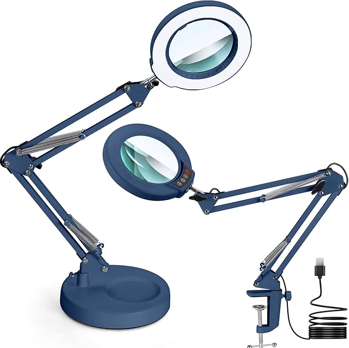 10X Magnifying Glass with Light and Stand, Upgrade Button 5 Color Modes Stepless Dimmable, 2-in-1 LED Lighted Magnifier Light, Hands Free Desk Lamp with Clamp for Craft Hobby Close Work - Blue