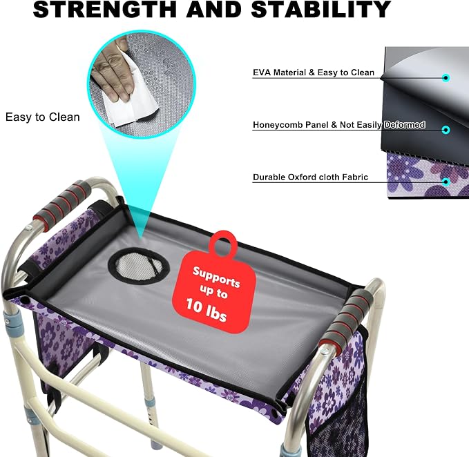 Walker Tray for Folding Walker with Cup Holder, Detachable Tray for Walker, Walker Accessories for Senior with Non-Slip Mat, Universal Fit for Meals, Drinks, Reading,Laptop (Purple with Side Pockets)