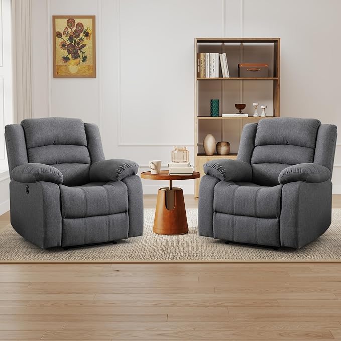 Power Recliner Chair for Adults Set of 2, Oversized Electric Recliner with Soft Cushion and Back, Upholstered Soft Fabric Reclining Chair for Living Room, Bedroom, Grey