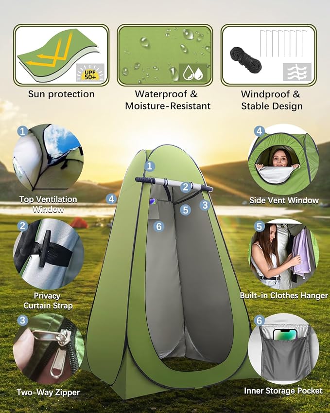 Adjustable Portable Toilet with Privacy Tent for Camping, Car Travel, Hiking, Includes 12 Waste Bags & 12 Urine Solidifiers, Camping Lantern
