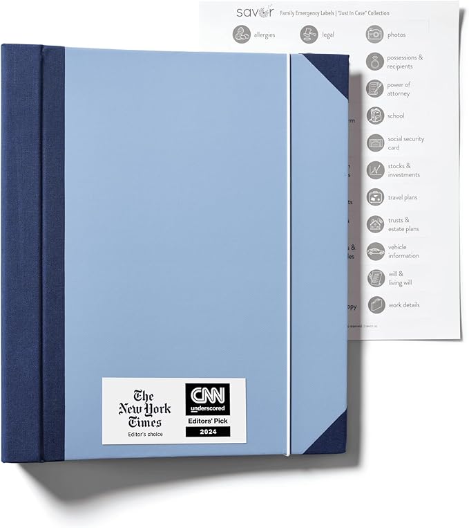 The Folio® Important Document Organizer by Savor | Binder with Guided Labels, Acid-Free File Folder Organizer with 10 Pockets, Document Holder for Home Records, Legal and Medical Papers (Blue) 2 Set