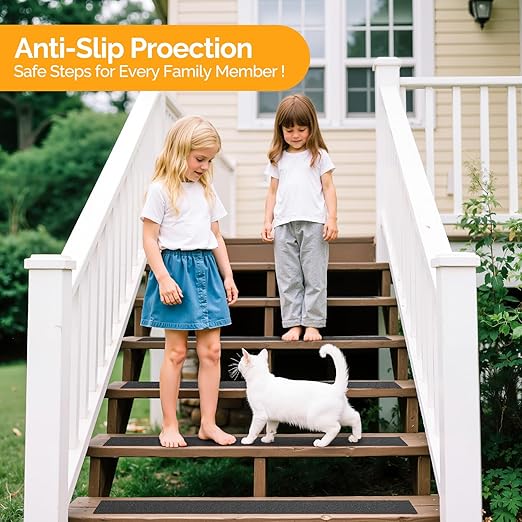 Outdoor Stair Treads for Wooden Steps Non Slip, KOOTETA 8 Pack 30" x 6"Anti Slip Strips Adhesive for Stair, Waterproof Weather Resistant Exterior Grip Tape 80-Grit Non Skid Traction Stair Treads,Black