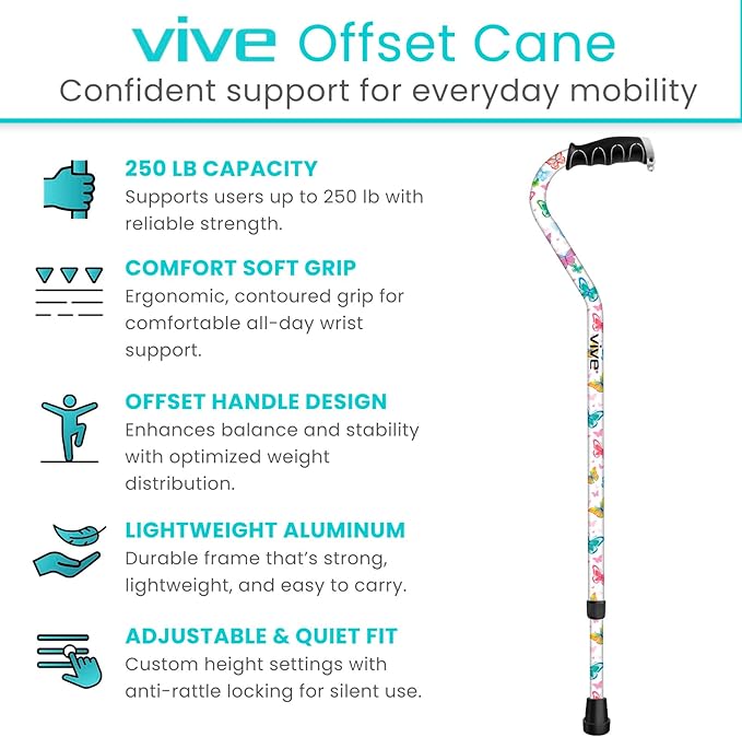 Vive Walking Cane for Women, Men, Elderly - Patented Offset Grip - Lightweight Adjustable Walking Aid with a Non-Slip Tip - Sturdy Balancing Mobility Aid for Seniors