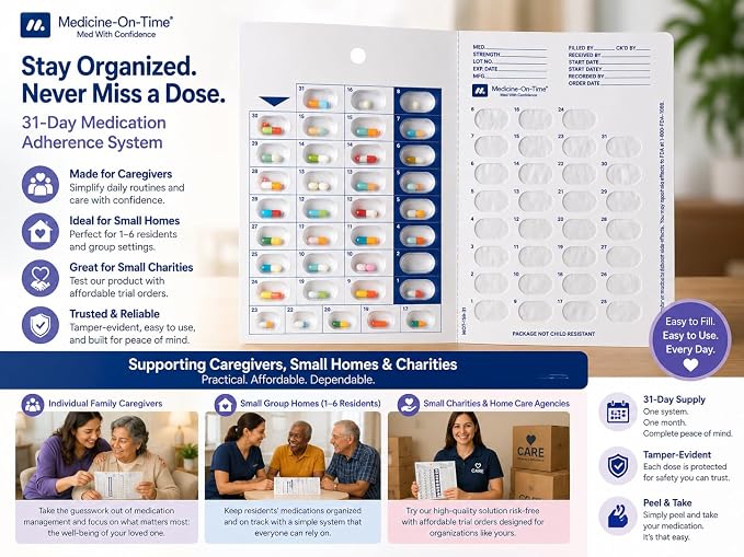6-Pack Medication Blister Cards - 31-Day Cold Seal Pill Organizer for Family Caregivers, Home Care, Small Charities - Disposable No Equipment Needed - Trial Size Healthcare Supply