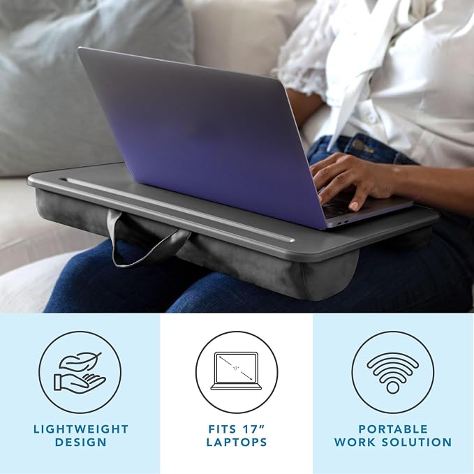 LAPGEAR The Original Lap Desk – Charcoal, Fits 17" Laptops | Microbead Cushion, Device Ledge, Built-In Pencil Tray, Carry Handle