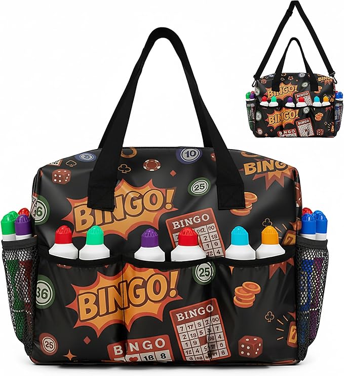 CVVD Bingo Bag with Pockets for Bingo Daubers Dabbers Dobbers Dotters Water Resistant Bingo Game Accessories for Adults and Seniors Portable Storage for Casino Bingo Supplies(black)