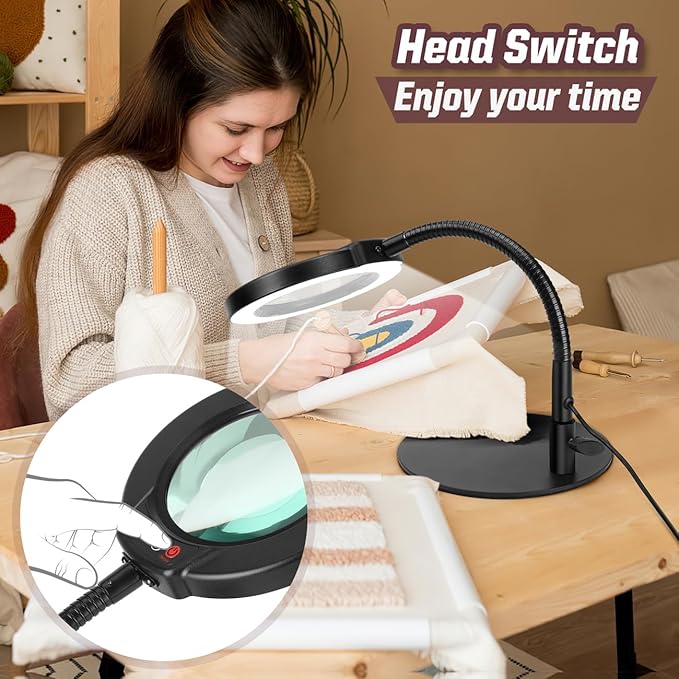 10X Magnifying Glass with Light and Phone Holder, 5 Color Modes Stepless Dimmable LED Lighted Desk Lamp with Stand, Hands Free Magnifier with Flexible Goose-Neck for Craft Hobby Painting, Black