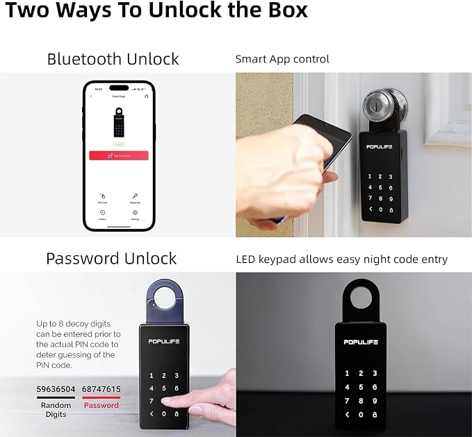 【Updated Version】 Populife Smart Key Lock Box for Outside, Wireless Lock Box for House Key, Hide a Key Outdoor, Electronic Digital Lockbox for Realtor Airbnb Smart Bluetooth Padlock, No WiFi Need