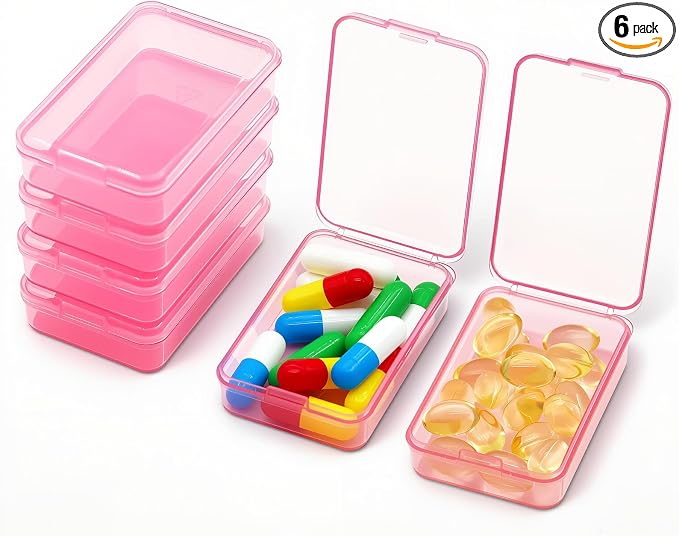 6 PCS Small Pill Box, Tiny Pill Case,Mini Clear Plastic Storage Containers Cute Travel Pill Organizer Case Portable for Pocket Purse Briefcase (Pink)