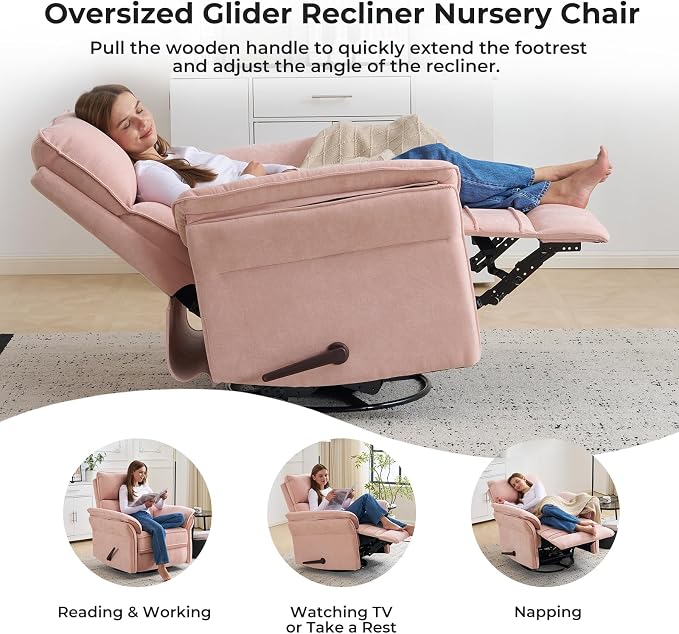 Oversized Recliner Chair, 24" Extra Wide 360° Swivel Rocker Recliner with Adjustable Headrest, Chenille Glider Rocking Nursery Chair with Overstuffed Armrest, Lumbar Support, Pink