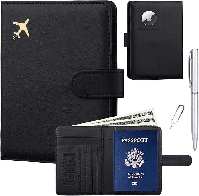 GOAUS Passport Holder for Travel with AirTag Slot, Passport Book Wallet | Cards Cash Pocket, RFID Blocking, Waterproof, Passport Case, Travel Gifts for Women Men, Faux Leather, AirTag Not Included