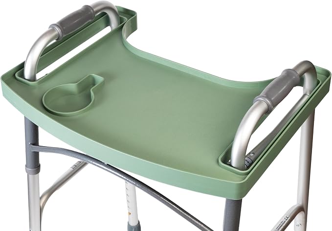Sigo Green Walker Tray for Rolling Folding Walker, Tray Table with Cup Holder for Standard Walkers Seniors, Detachable Non Slip TV Accessories Basket Holding Plate Cups Clip On Small Bag Carrier