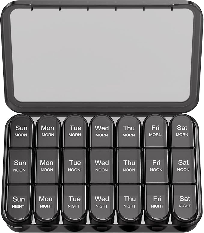 Daviky Pill Organizer 3X a Day, Weekly Pill Box 7 Day, Travel Pill Case with Large Containers, Light-Proof Pill Case for Vitamins, Medication, Supplements and Fish Oils (Black)