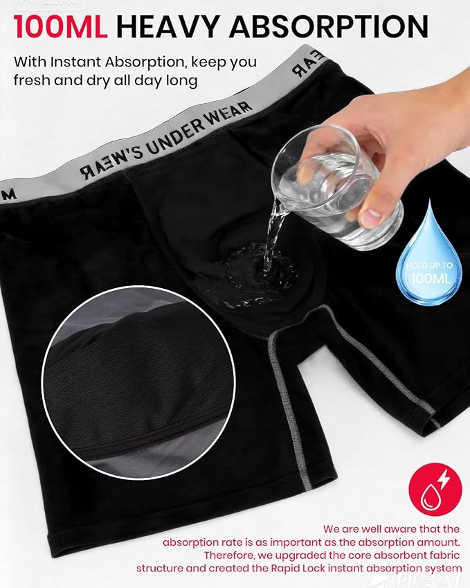 Men's Incontinence Underwear, 100ML Absorb Leakproof Boxer Brief | With Upgraded Fast-Absorbing Core, Washable Reusable Cotton Incontinence Briefs for Men, Bladder Leak Protection 3 Pack/XL
