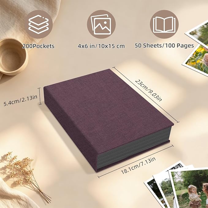 Popotop Photo Album 4x6 200 Pockets for Wedding Gifts,Linen Hardcover Picture Albums for Family Anniversary Baby Vacation Pictures