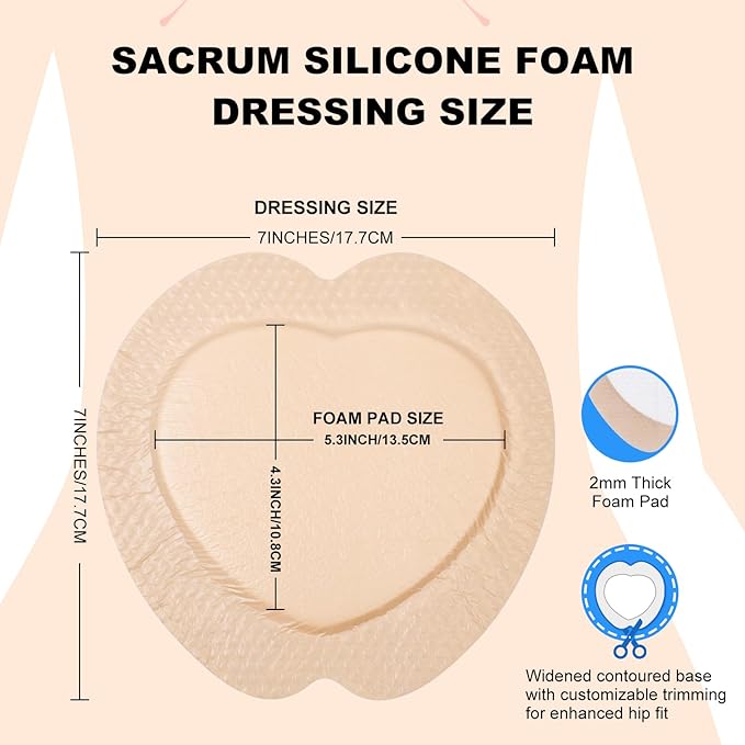 Sacral Foam Dressing, Sacrum Silicone Foam Dressing with Border, 7x7 Large Bandage for Bed Sores On Buttocks, Super Absorbent Pressure Sore Prevention Pads, Waterproof & Breathable Wound Dressing (20)