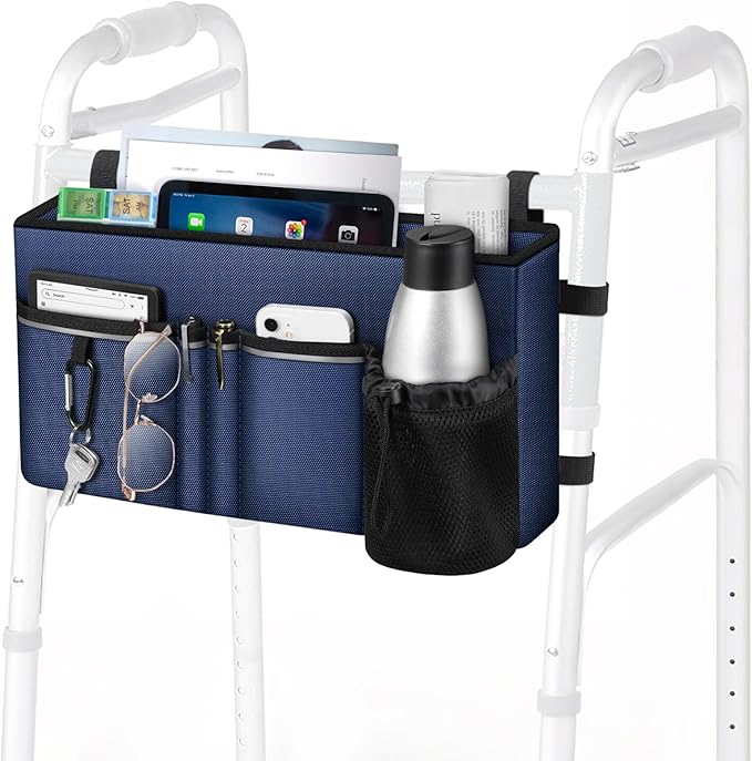 FINPAC Large Walker Tote Bag with Cup Holder, Folding Walker Attachment Hands-Free Storage Basket Mobility Aid Accessory Pouch for Elderly, Senior, Navy Blue
