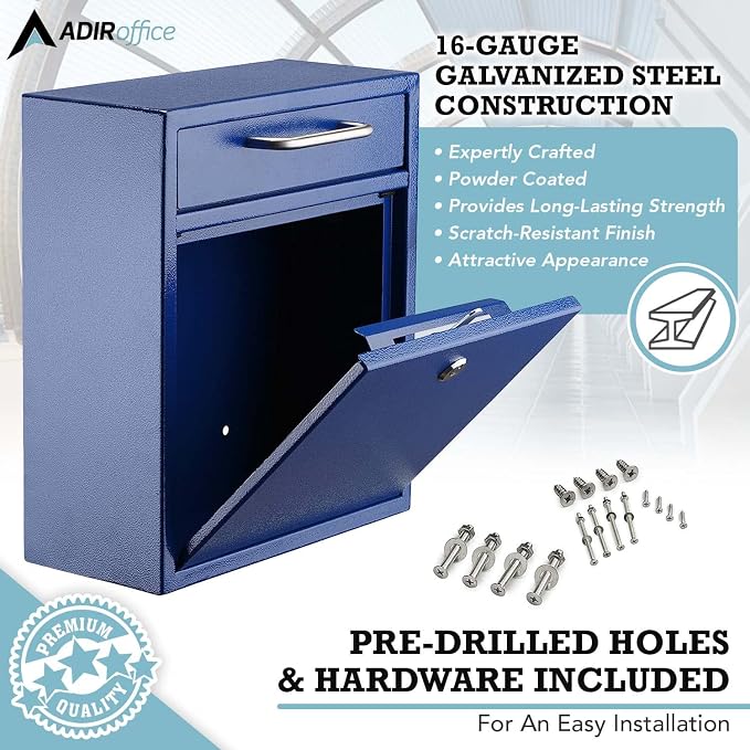 AdirOffice Wall Mount Mailbox - Mailbox with Lock and Keys- Durable Wall Mounted Locking Mailbox and Cash Drop Box for House, Apartments and Bussiness After Hours Deposits