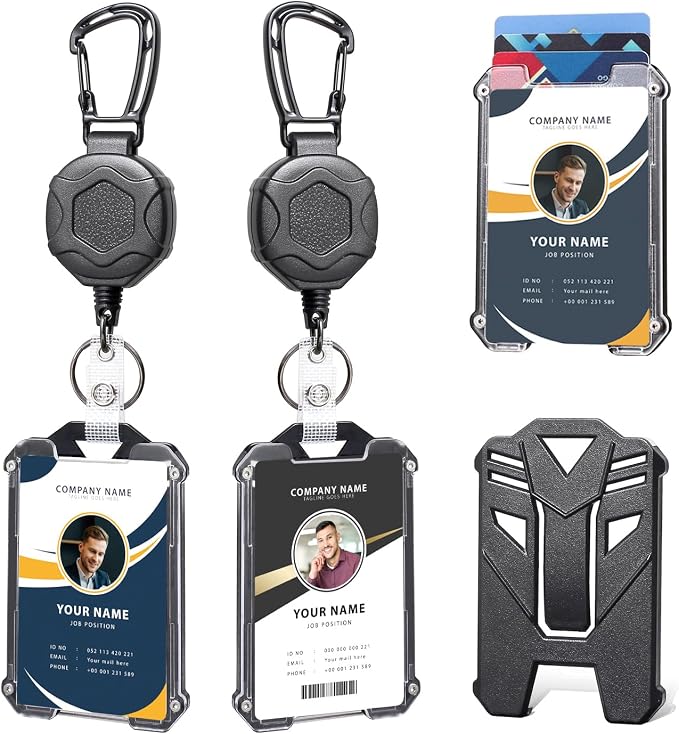 Badge Holder Retractable Clip Heavy Duty Carabiner Badge Reel Keychain with Id Cards Holder Cool Tactical ID Holder (2 Holders and 2 Badge Reels Black # 03)