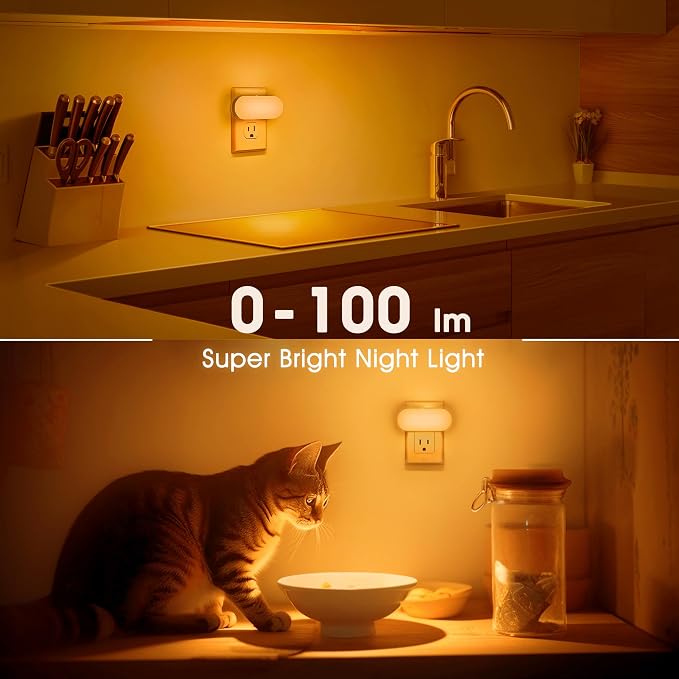 Amber Night Light,Auto On/Off,0-100 LM Adjustable Brightness | Dimmable Night Light,Plug Into Wall Light Sensor Night Light,for Kids Room Bedroom Stair Lights,Amber Color,1W,2 Pack