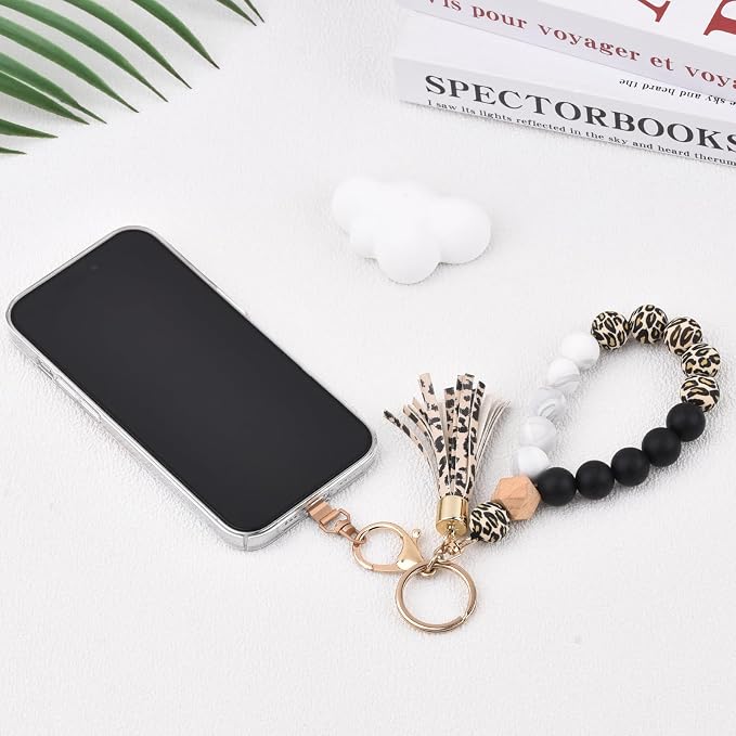BAOSIWA Silicone Key Ring Bracelet Wristlet Keychain Unique Beaded Bangle Key Chains for Women with Leather Tassel
