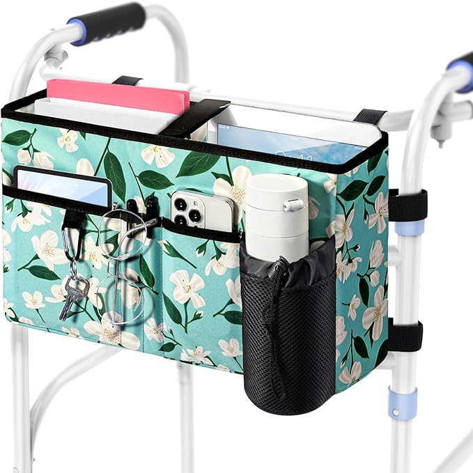 Rhino Valley Walker Bag, Multi Pockets Folding Walker Basket Tote Bag with Cup Holder, Hand-free Carry Pouch Storage Bag for Universal Walkers, Large Capacity Organizer for Seniors Elderly, Flower