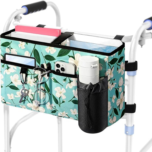 Rhino Valley Walker Bag, Multi Pockets Folding Walker Basket Tote Bag with Cup Holder, Hand-free Carry Pouch Storage Bag for Universal Walkers, Large Capacity Organizer for Seniors Elderly, Flower