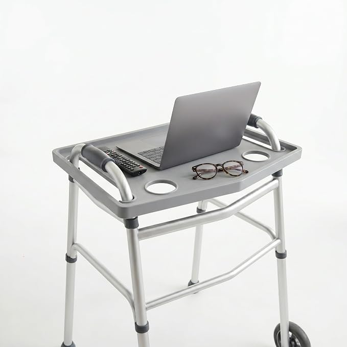 Bluestone Walker Tray Table with 2 Cup Holders - Mobility Table Tray for Folding Walkers - Home Medical Equipment Accessories (Gray)