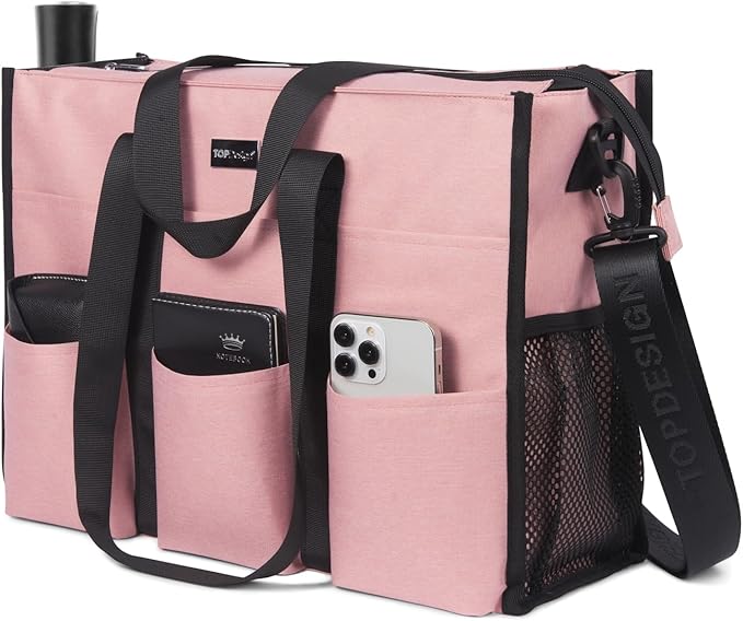TOPDesign Utility Water Resistant Tote Bag with 22 Pockets, Top Zipper Closure & Thick Bottom Support, for Working Women