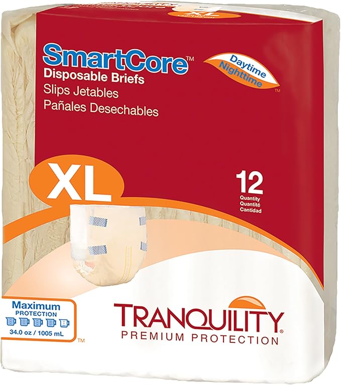 Tranquility SmartCore Adult Disposable Briefs, Incontinence Control with Breathable Kufguard Technology, Fastening Tabs & Wetness Indicator, Latex-Free, Adult X-Large, 34oz Capacity, 12ct Bag