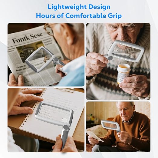 MoKo Magnifying Glass with Light, 5X/20X/45X Full-Page Magnifier | Rechargeable magnifying glass for reading has 20 LEDs, 3 light levels and a foldable handle; grey finish.