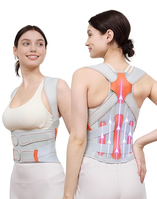 Kepwaa Posture Corrector for Women and Men, 5 Full Back Support Brace Rods, Adjustable Shoulder Straightener, Relief for Upper and Lower Back, Neck, Lumbar, Scoliosis, Hump, Gray, Medium