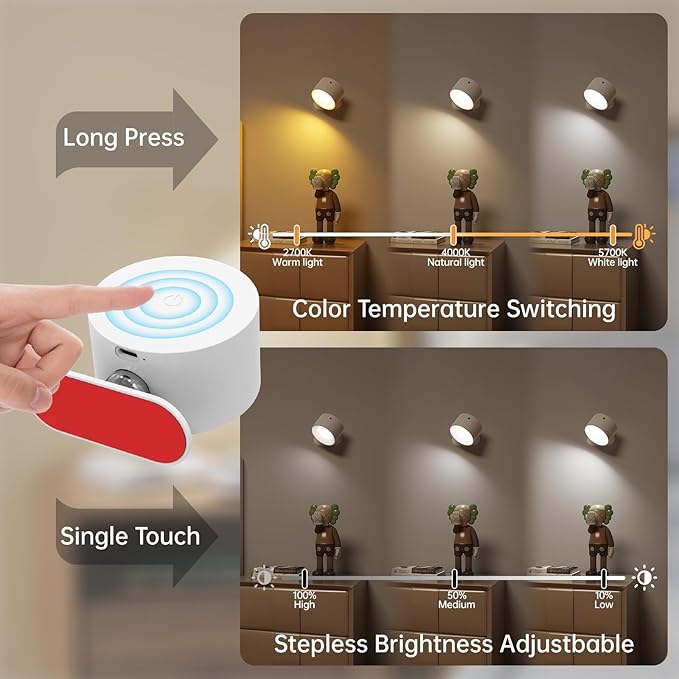 2PACK Romote LED Wall Sconce - Rechargeable Wall Light, 3 Colors & 3 Brightness Levels, 360? Magnetic Rotating Head, Bedside Reading Lamp, Easy Install Battery Operated Lamp White