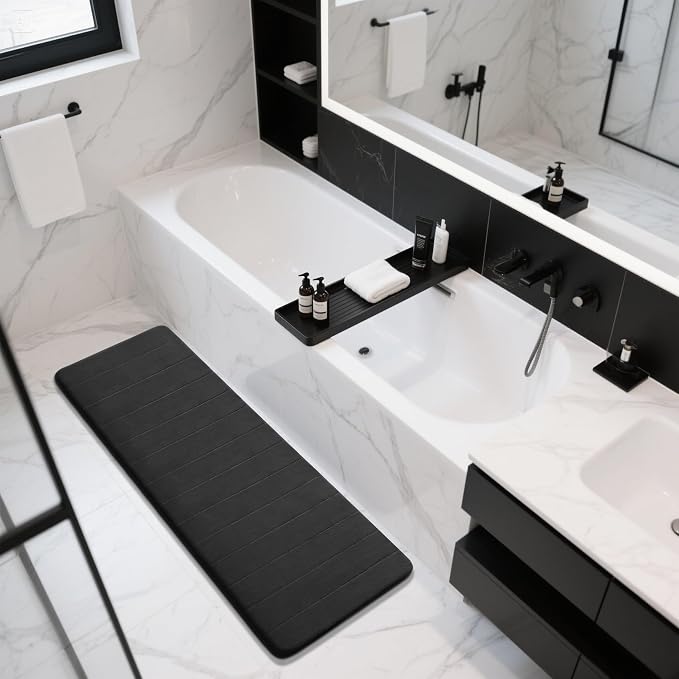 Yimobra Bathroom Runner 55"x24", Non Slip Memory Foam Bath Mat, Super Soft Water Absorbent Hallway Carpet, Machine Washable Rug for Vanity Tub Shower, Black