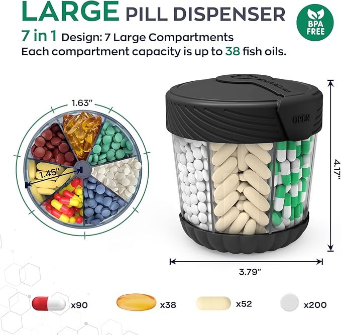 Large Pill Dispenser, Portable Pill Bottle Organizer for 7 Vitamins, Anti-Mix Supplement Organizer with Easy Twist Wide Opening, BPA-Free Pill Container, 20 Pcs Labels Included, Black