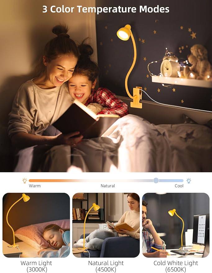 LiFMIRA Desk Lamp Clip on Lamp for Bed, LED Reading Light for Bed Yellow | 3 Colors 10 Dimmable Brightness, LED Book Light for Reading in Bed Flexible Clip on Light Clamp Lamp for Bed Headboard Desk