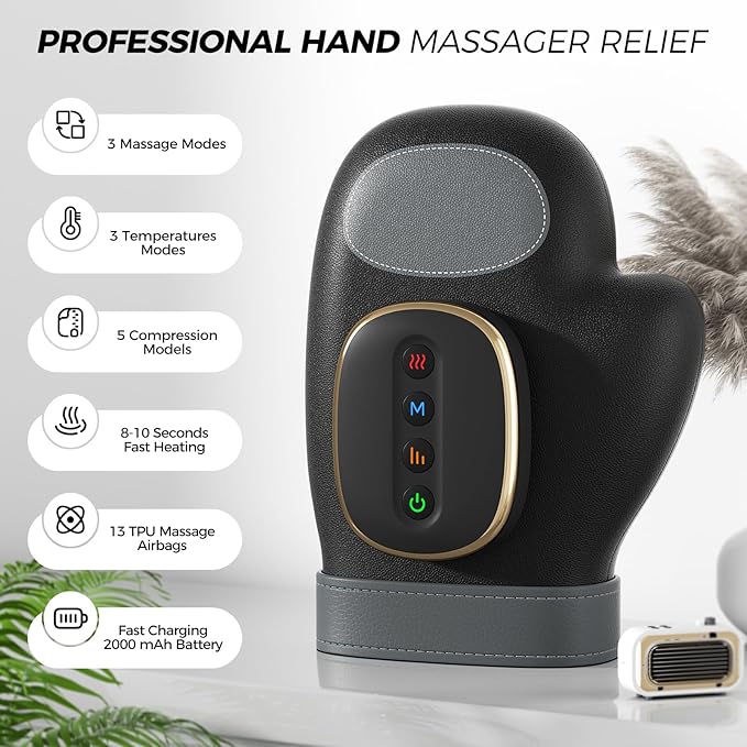 WUX Hand Massager with Heat Compression Relief, 3 Massage 4 Temperatures 5 Compression Models Therapy Glove, Arthritis & Wrist Carpal Tunnel Muscles Pressure Point Therapy, Ideal Gifts for Women/Men