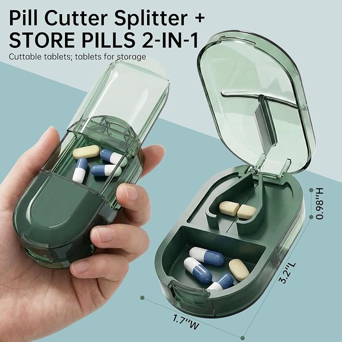 Pill Cutter Splitter for Small or Large Pills, Portable Pill Splitter with Hidden Professional Organizer and Brush, Tablet Cutter Medicine Slicer, Coupe Pilule for Tablets and Vitamins (Green)