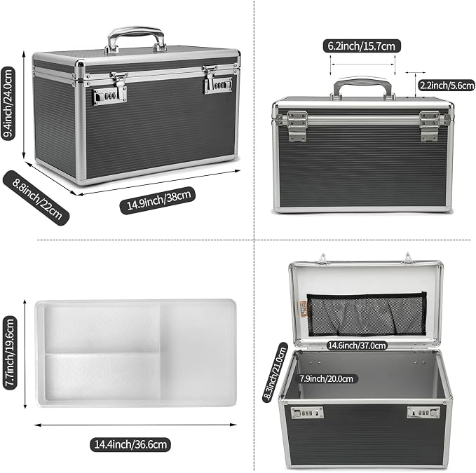 Large capacity Locking Box，Lockable Medication Box with Portable Storage Case, 15 x 8.7 x 9.3 Inch, Childproof Medicine Lock Organizer, Locked Empty First Aid Storage Case (Gray/X-Large)