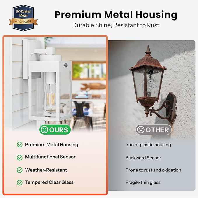 Gleamz 2-Pack Motion Sensor Outdoor Light Fixtures Wall Mount, Waterproof | Modern White Dusk to Dawn Exterior Wall Lantern for House Front Porch, Waterproof Outdoor Sconce Lights for Garage, Coach