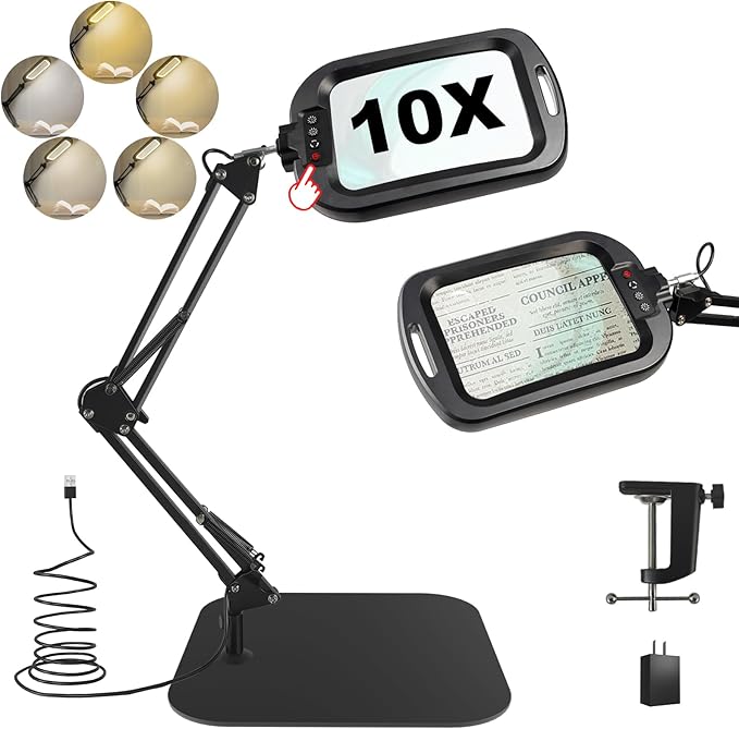 10X Rectangle Magnifying Glass with Light and Stand, 5 Color Modes Stepless Dimmable, 2-in-1 LED Lighted Desk Lamp & Clamp, Hands Free Magnifier for Reading Crafts Repair Close Work