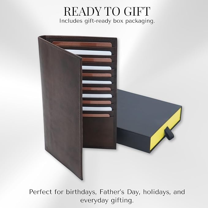 20 Card Wallet for Men, Long RFID Leather Credit Card Holder, Brown | 2 Bill Compartments | ID Window | Open Bifold | Organized Carry | Jacket Friendly
